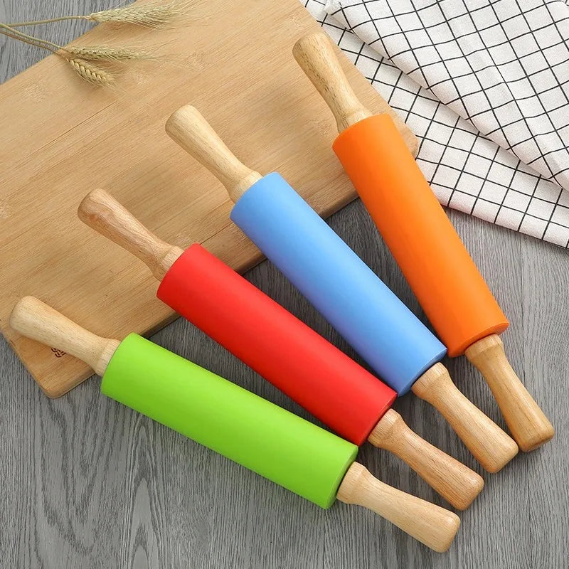 23cm Mini Silicone Rolling Pin 4 Sweet Colors Wood Handle Non-stick Dough Roller Parent Child DIY Baking Pastry Tools - Improve Center