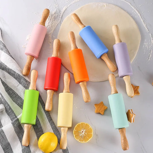 23cm Mini Silicone Rolling Pin 4 Sweet Colors Wood Handle Non-stick Dough Roller Parent Child DIY Baking Pastry Tools - Improve Center