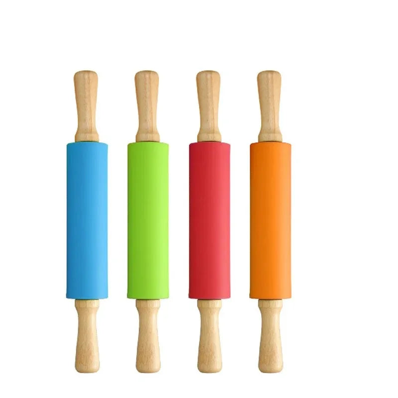 23cm Mini Silicone Rolling Pin 4 Sweet Colors Wood Handle Non-stick Dough Roller Parent Child DIY Baking Pastry Tools - Improve Center